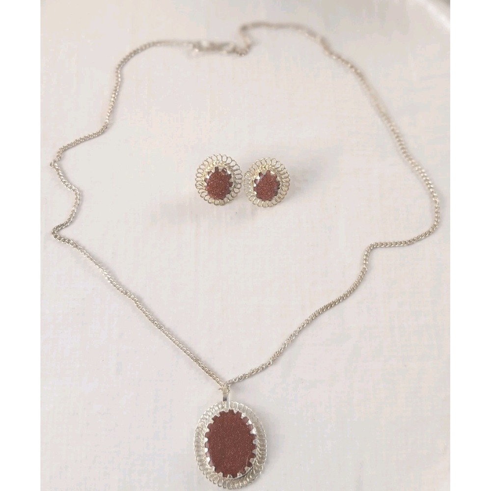 Goldstone Necklace Earrings Set Brown Sparkle Silver Tone Pendant Studs